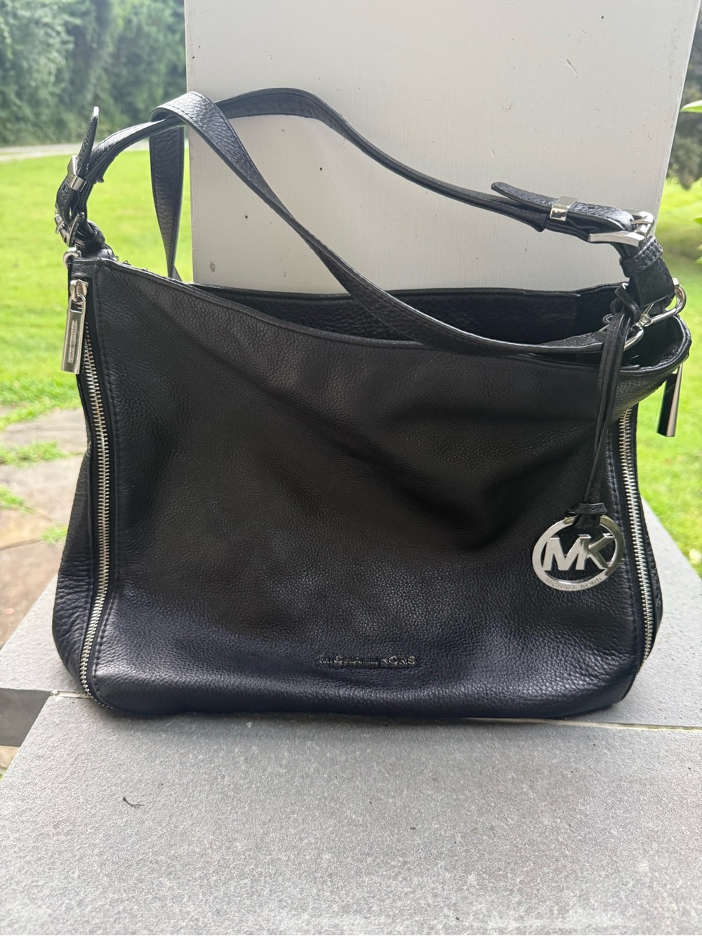 Michael Kors Black Leather Shoulder Bag with MK Charm